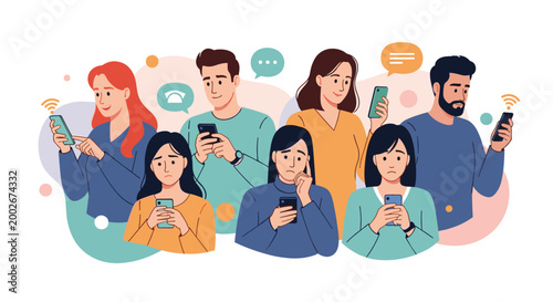 Diverse group of people absorbed in their smartphones and ignoring each other in a flat vector illustration.