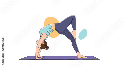 Young woman performing a challenging yoga bridge pose on a mat against an abstract background.