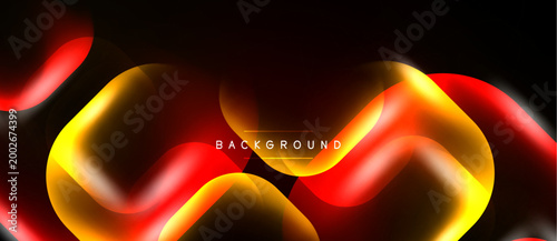 Abstract design features flowing shapes, vibrant red, yellow hues. Dark background emphasizes luminous curves, creating dynamic visual effect.