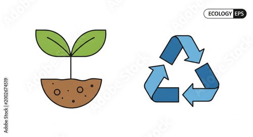 Green plant growing from soil next to recycling symbol.