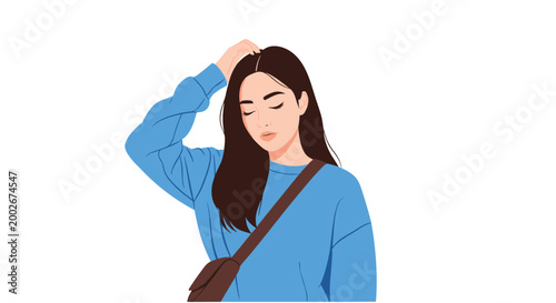 Beautiful young woman with long dark hair wearing a blue sweater and touching her head thoughtfully.