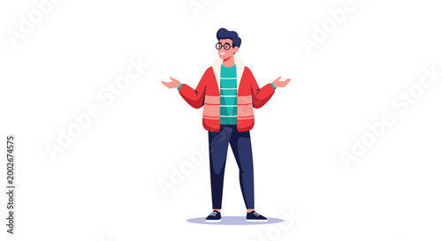 Young man in a red jacket and glasses shrugging his shoulders and showing uncertainty in flat illustration.