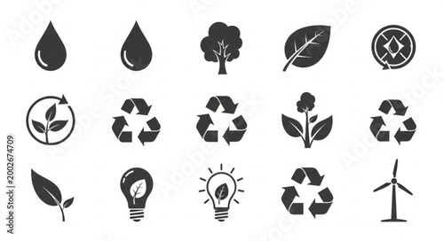 Collection of eco friendly symbols and icons for sustainability.