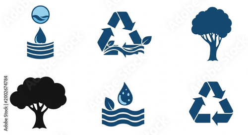 Set of environmental conservation icons including trees and water symbols.
