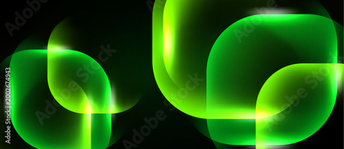 Abstract green shapes overlap, creating luminous effects against dark background. Smooth gradients suggest depth, modern design.