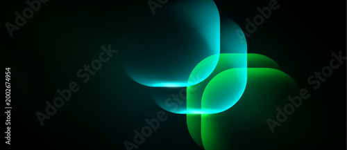 Abstract shapes overlap, creating luminous green, teal effects against dark background. Soft glow emphasizes fluid forms.