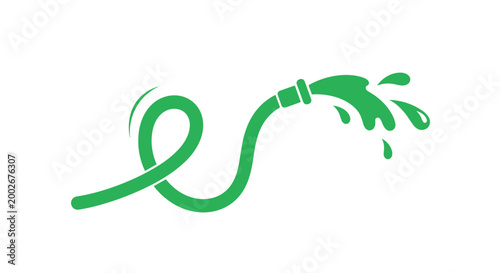 Green garden hose with a flowing stream of water and droplets, symbolizing irrigation, lawn care, and outdoor maintenance tasks.