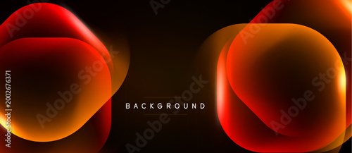 Abstract design features overlapping rounded shapes. Warm colors dominate, creating dynamic visual effect. Dark background enhances contrast.