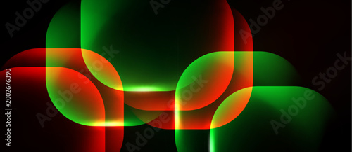 Abstract composition featuring overlapping red, green shapes. Dark background enhances vibrant color contrast, creating dynamic visual effect.