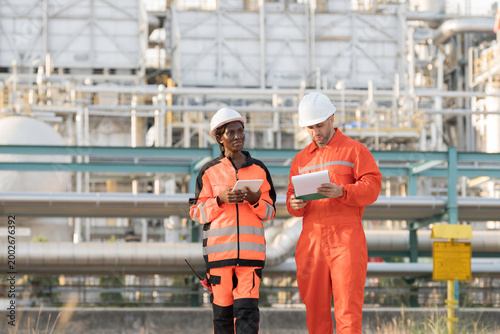 Oil refinery or Petroleum refinery. Gas pipeline network system at the industrial estate area. Petrochemical engineer in safety gear working, discussing of work at petrochemical industrial estate