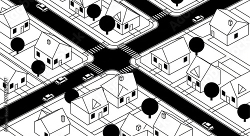 Aerial view of a suburban neighborhood intersection with houses and cars.