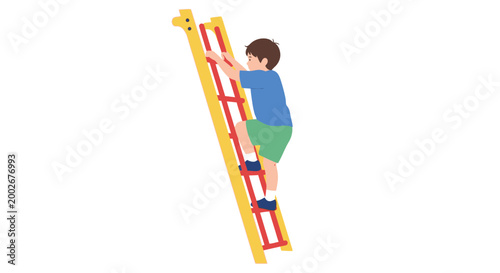 Boy climbing up a ladder high.