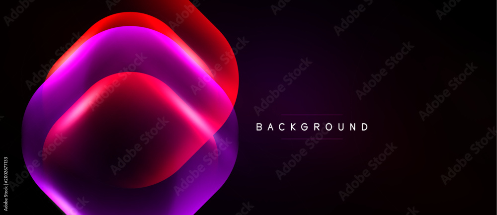 Naklejka premium Abstract vibrant shapes overlap, creating dynamic visual effect. Dark background emphasizes glowing magenta, purple hues. Modern design element.