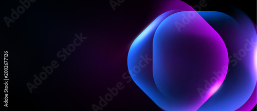 Abstract shapes overlap, creating vibrant purple, blue gradients. Dark background emphasizes luminous forms, suggesting depth, movement.