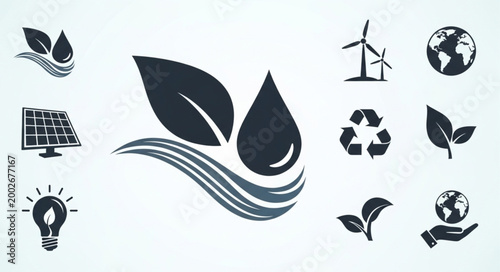 Collection of eco-friendly and renewable energy icons.