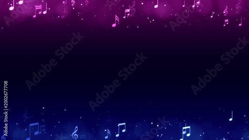 music note and shiny glittering blue pink stars border frame , musical concert and party social media and story background