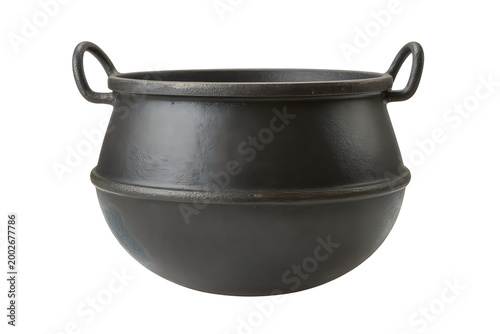 Black cast iron cauldron with two handles isolated on white background