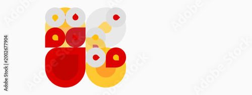 Abstract geometric shapes, red, yellow, white. Circles overlap creating playful composition. Minimalist design, flat illustration.