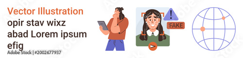 Misinformation detection, online safety, media literacy, fake news identification, digital awareness, global communication. Person with tablet, warning about fake content, network globe