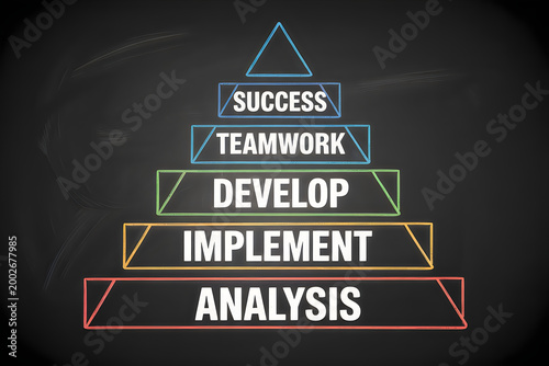 Business pyramid diagram with success, teamwork, develop, implement, and analysis text