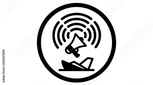 Emergency alert symbol featuring a megaphone broadcasting urgent sound waves above a distressed vessel, indicating a critical warning or call for assistance in a crisis situation