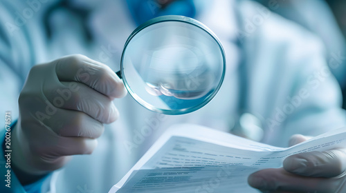 Doctor Examining Medical Documents with Magnifying Glass for Detailed Analysis