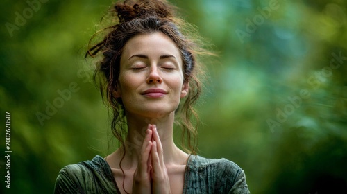 Woman meditating in nature finding peace and mindfulness, copy space