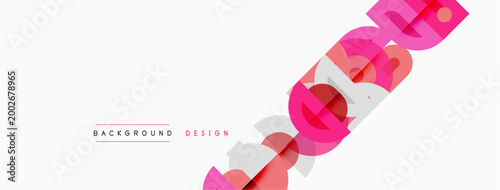 Abstract vector illustration. Overlapping circles create dynamic design. Pink, red, green hues dominate white space. Minimalist style.