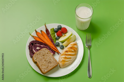 Grilled chicken, whole grain bread, carrots, and fruit on a white plate