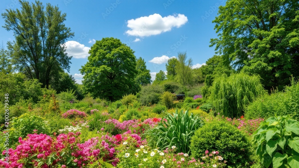 Obraz premium Vibrant flowers, pink and green foliage, bright sunlight, natural landscape, tranquil setting, o