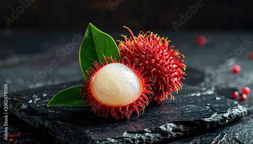 A freshly cut, bright red rambutan fruit revealing its juicy white interior on a dark stone surface with green leaves