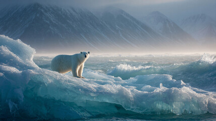 Majestic polar bear on a blue-green iceberg under cinematic dawn light, dramatic warm and cool contrast, vast negative sky ideal for Earth Day and climate change campaign layouts.