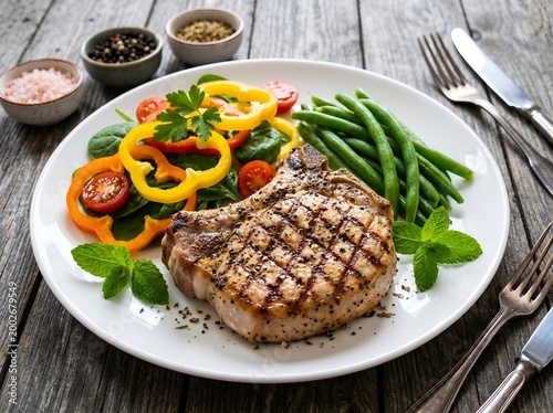 Grilled pork chop with green beans and colorful bell pepper salad on a rustic wooden table bell peppers main course side dish