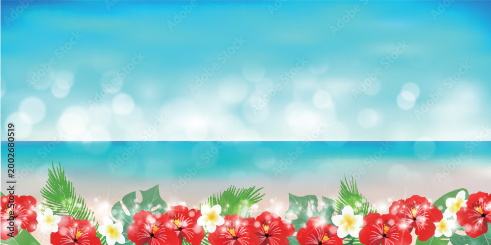 Fototapeta premium Tropical Beach Scene with Hibiscus Flowers and Bokeh Effect