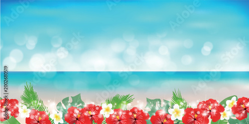 Tropical Beach Scene with Hibiscus Flowers and Bokeh Effect