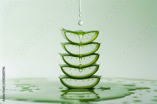 Stack of translucent aloe vera slices with dripping gel on green background