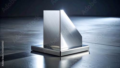 Polished Stainless Steel Geometric Form on Reflective Base with Sharp Edges and Clean Lines