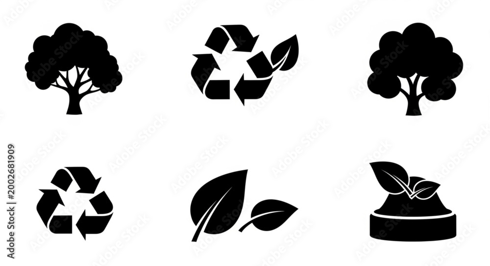 Obraz premium Collection of environmental icons including trees and recycling symbols.