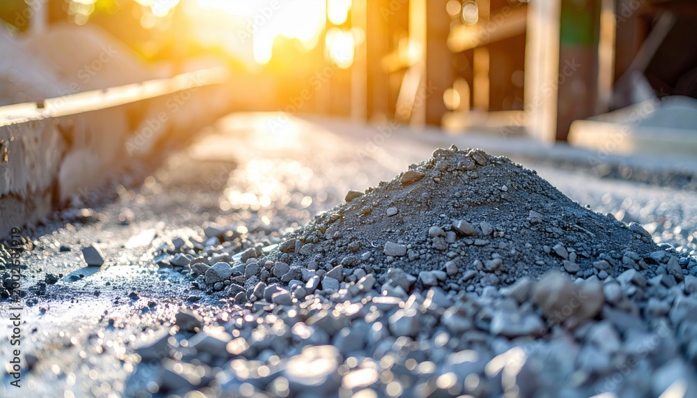 Naklejka premium Pile of gray aggregate material on a construction site with warm sunlight