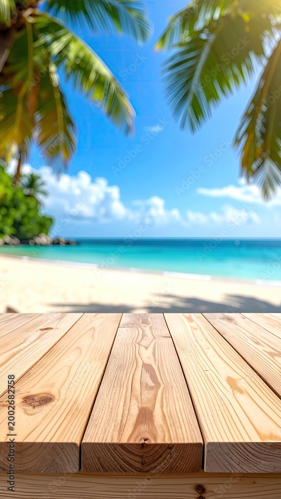 Fototapeta premium Wooden table foreground; beach/ocean in background