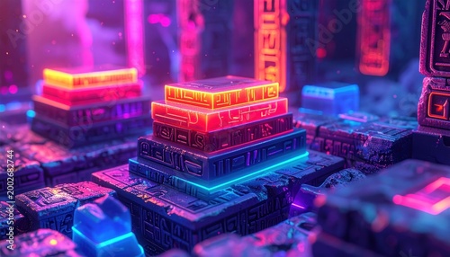 Neon hieroglyphic structures glow in a futuristic, ancient setting