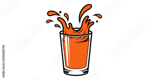 Vibrant illustration of carrot juice splashing energetically in a clear glass against a white background