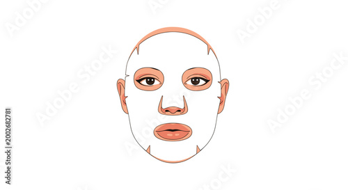 Illustration of a womans face with a white sheet mask, showcasing skincare routine against a plain white background
