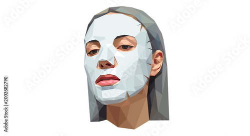 Polygonal illustration of a woman with a white sheet mask covering her face, featuring geometric shapes and a minimalist design on a plain background
