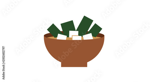 Illustration of a brown bowl filled with traditional miso soup, featuring green seaweed and white tofu cubes, on a minimalist white background