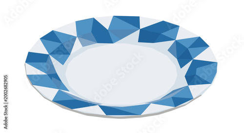 Geometric blue and white ceramic plate with polygonal pattern on a clean white background, highlighting modern design and artistic flair