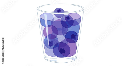Illustration of fresh blueberries in a clear glass, evoking a sense of refreshing blueberry juice with vibrant purple hues and a clean white background