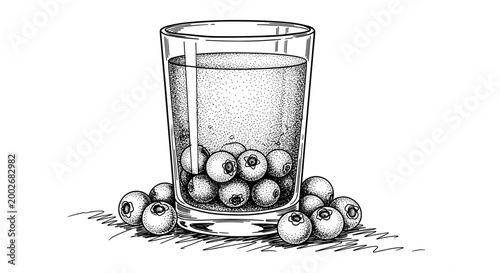 Artistic black and white illustration of a glass filled with blueberry juice, surrounded by fresh blueberries, showcasing intricate shading and detailed textures