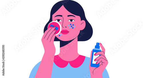 Illustration of a woman removing makeup with a cotton pad and spray bottle, vibrant pink and blue colors, minimalist style, white background