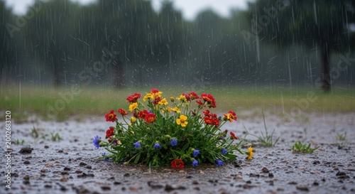 colorful flowers in the rain